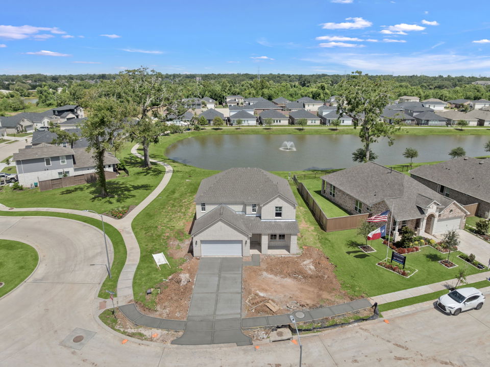 A small town with a pond.