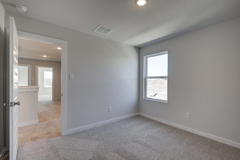 A room with a carpet and a window.