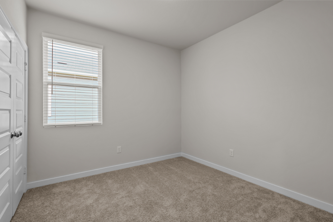 A room with a carpet and a window.