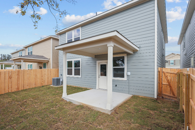 A small white house.