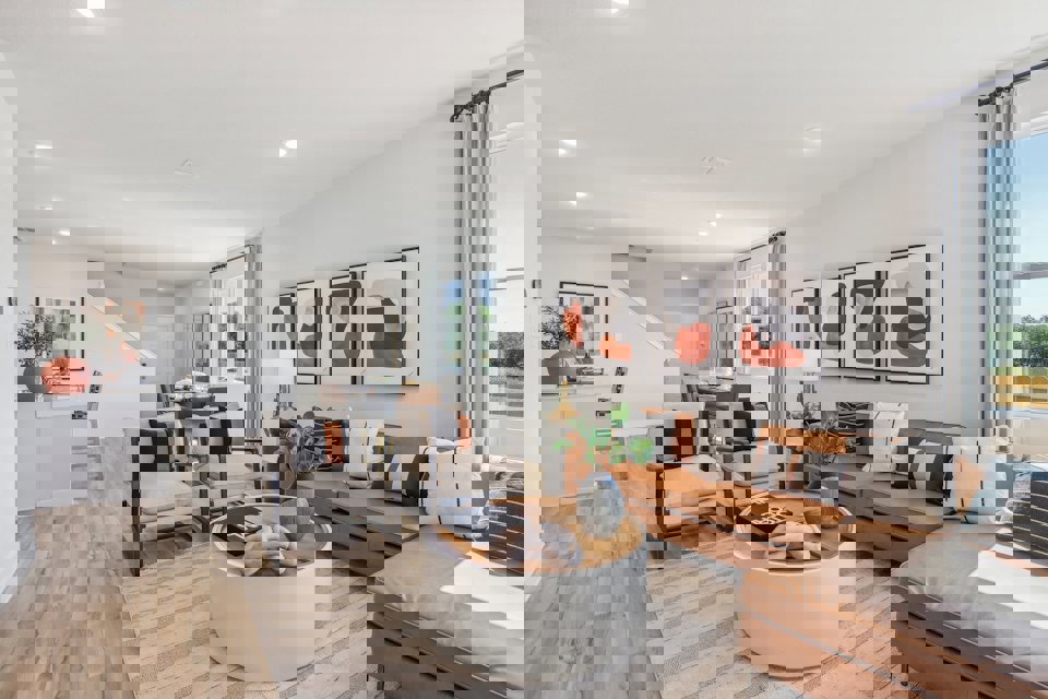 A living room with a large window.