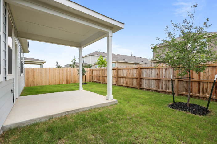 A backyard with a fence and a tree.