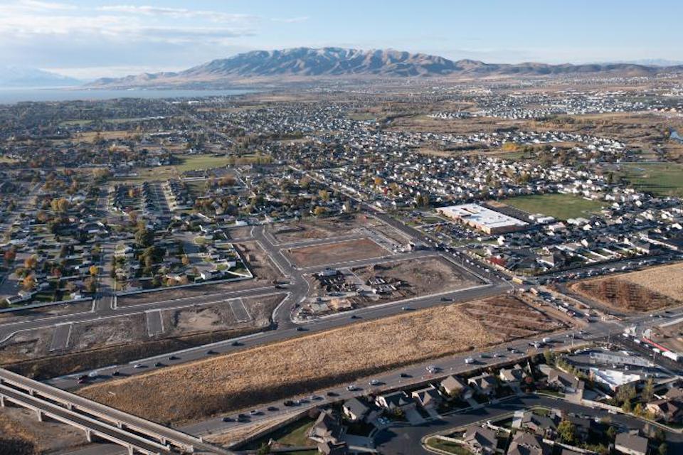An aerial view of a city.
