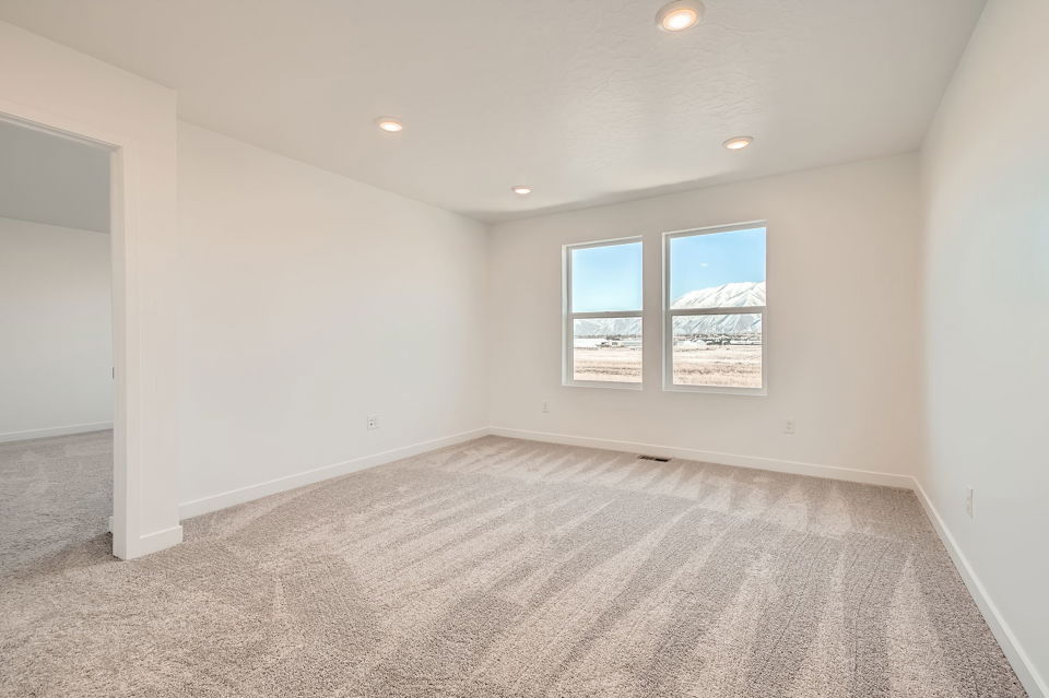 A room with a carpet and windows.