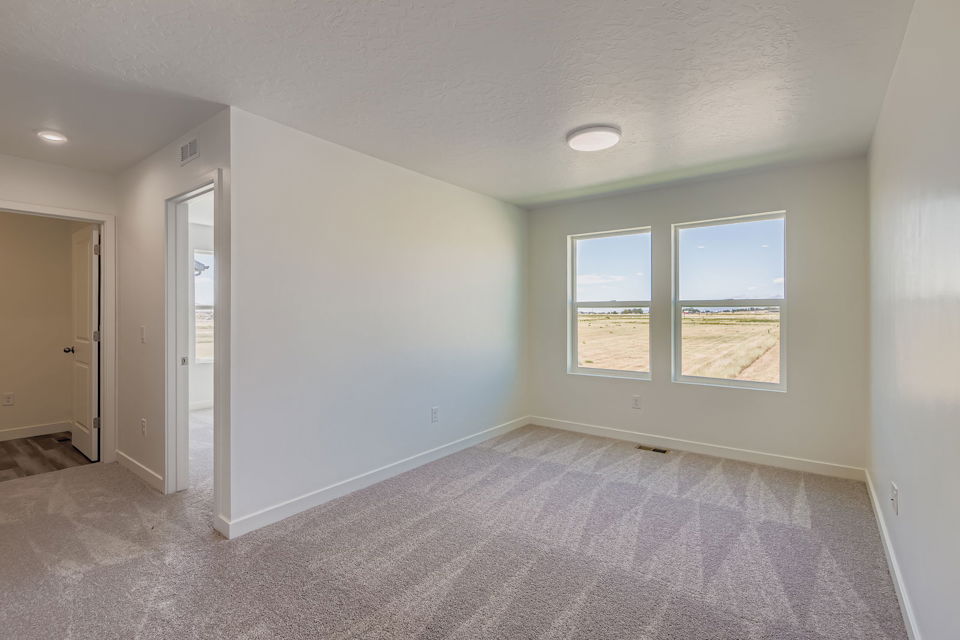 A room with a carpet and a window.