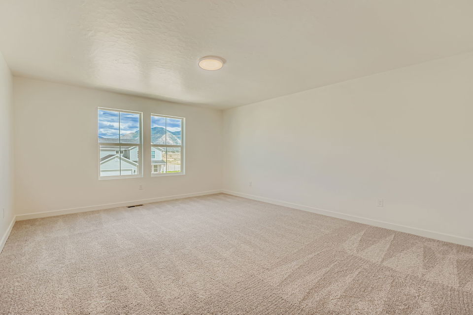 A room with a carpet and windows.