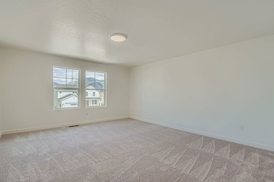 A room with a carpet and windows.