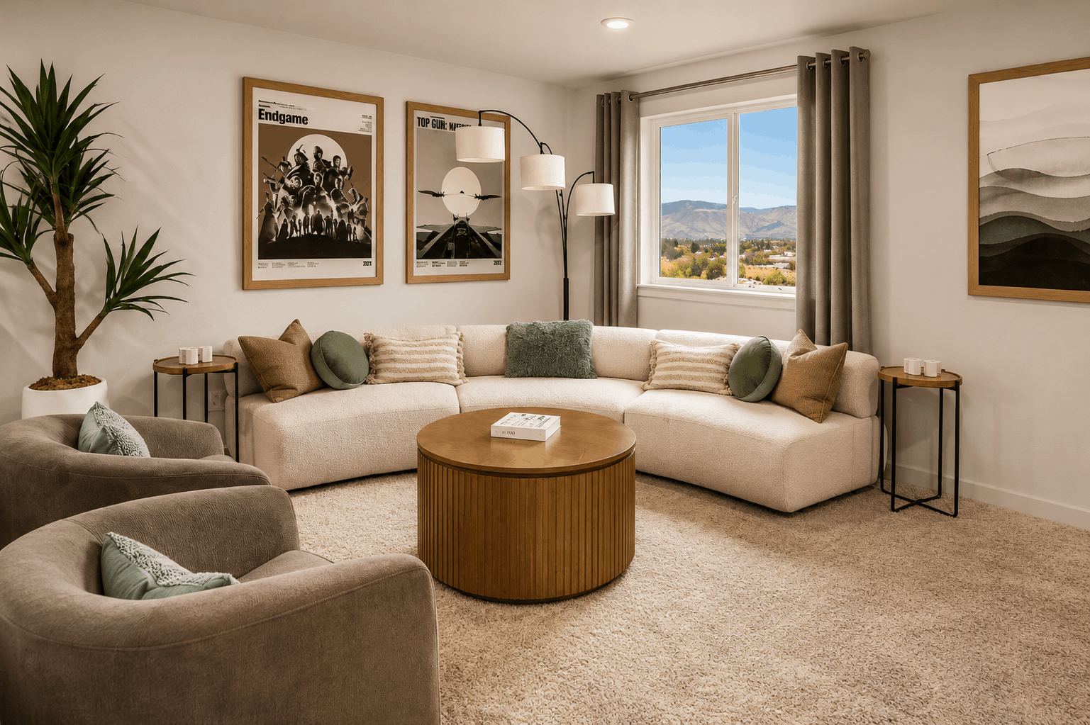 A living room with a couch and a coffee table.