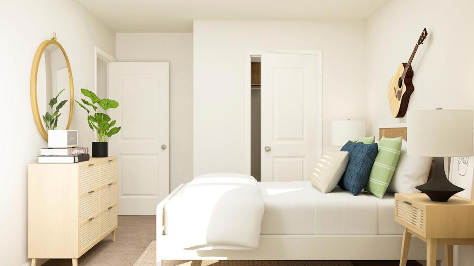 A white couch in a room.