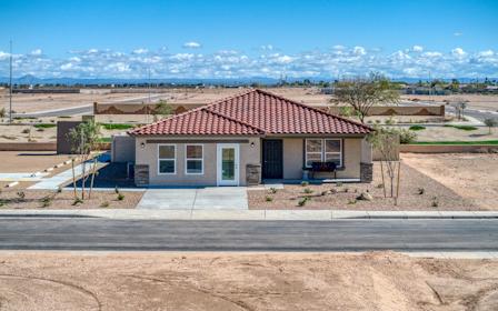 A house with a red roof.