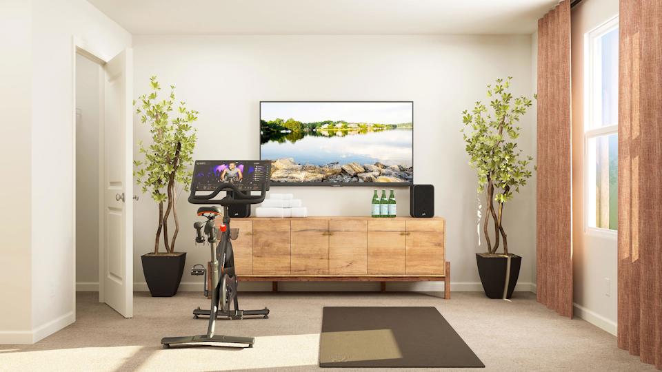 A room with a desk and a tv and plants.