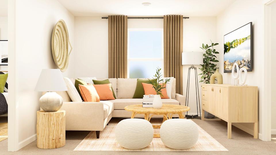 A living room with a couch and a coffee table.