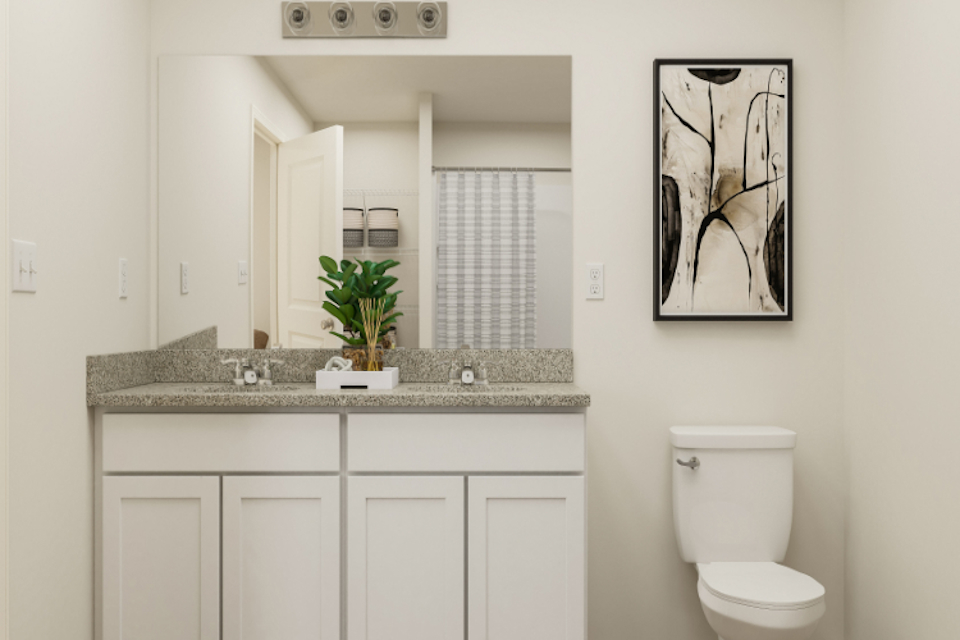 A bathroom with a plant on the counter.
